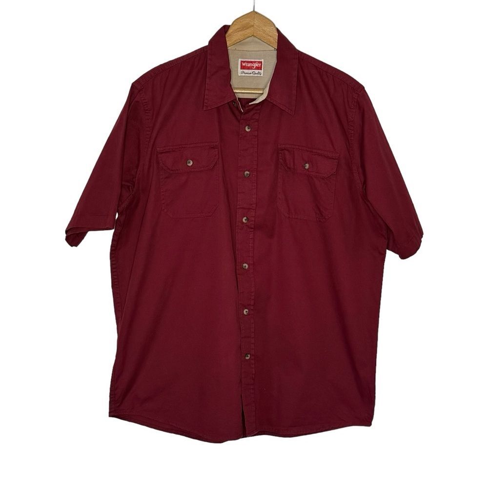 Wrangler Men's Dark Red Cotton Button Front Short Sleeve Work Shirt Size Large